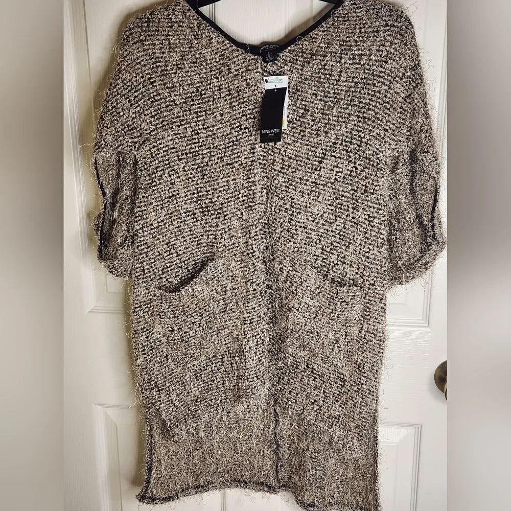 NWT Nine West L Brown White Jeans L Shrtslv Pockets Knitted Women's Top Sweater